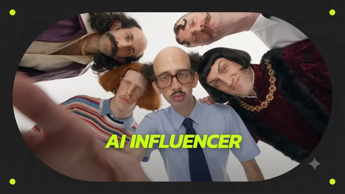 The AI Influencer crew: five quirky characters leaning into a camera, with a neon lime AI Influencer wordmark